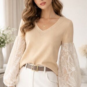 Carolina Herrera NY Beige V-Neck Wool Silk Cashmere Sweater Sheer Floral Sleeves